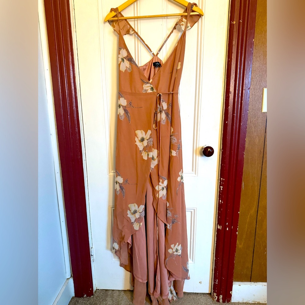Lulus - All Mine Rusty Floral Print High-Low Wrap Dress